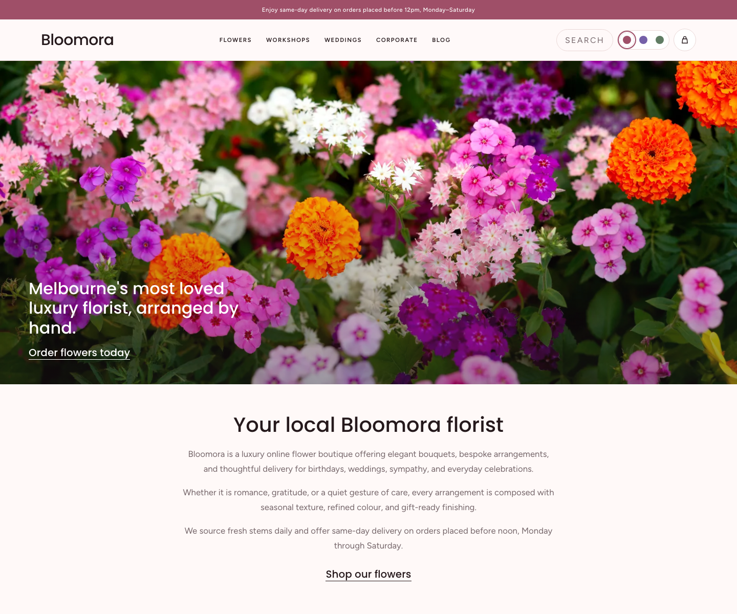 Bloomora Flowers website template screenshot
